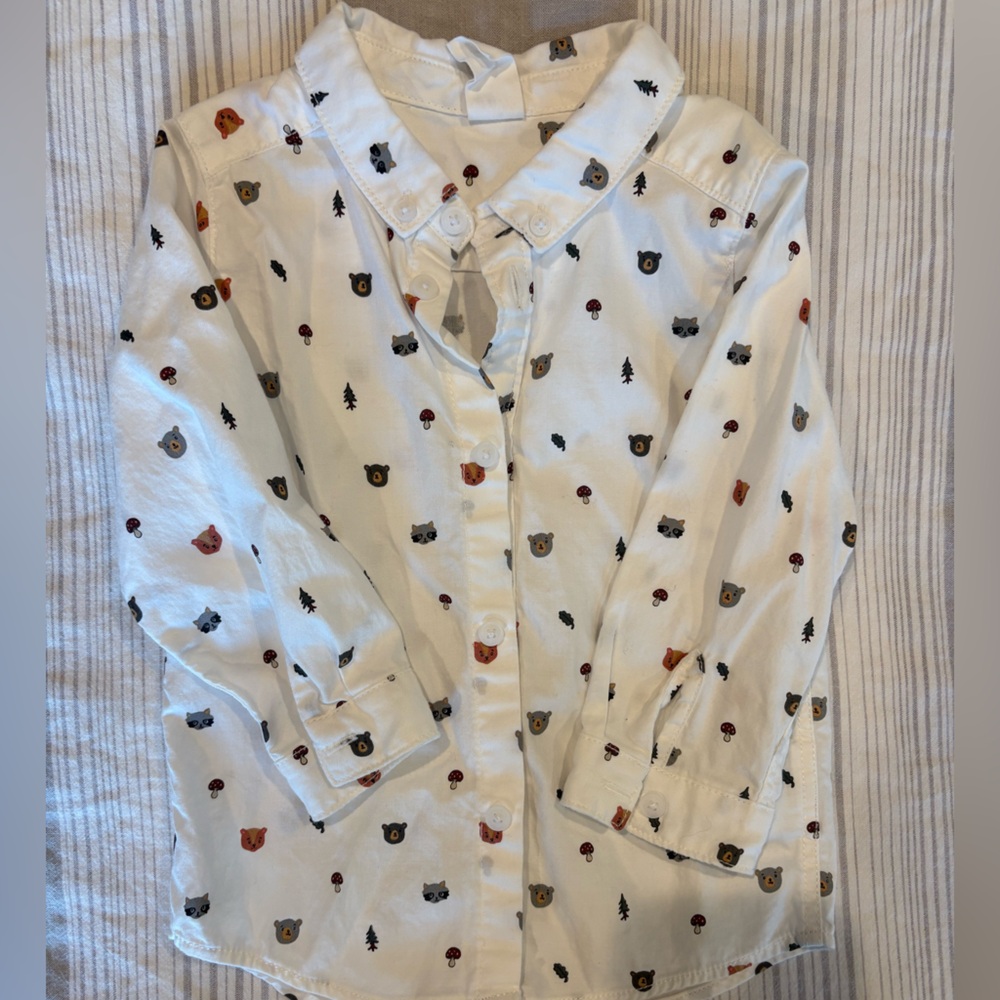 H&M White Button down with woodland creature print